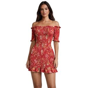 Zimmermann Corsair Smocked Off Shoulder Floral Mini Dress US Small | AU 0